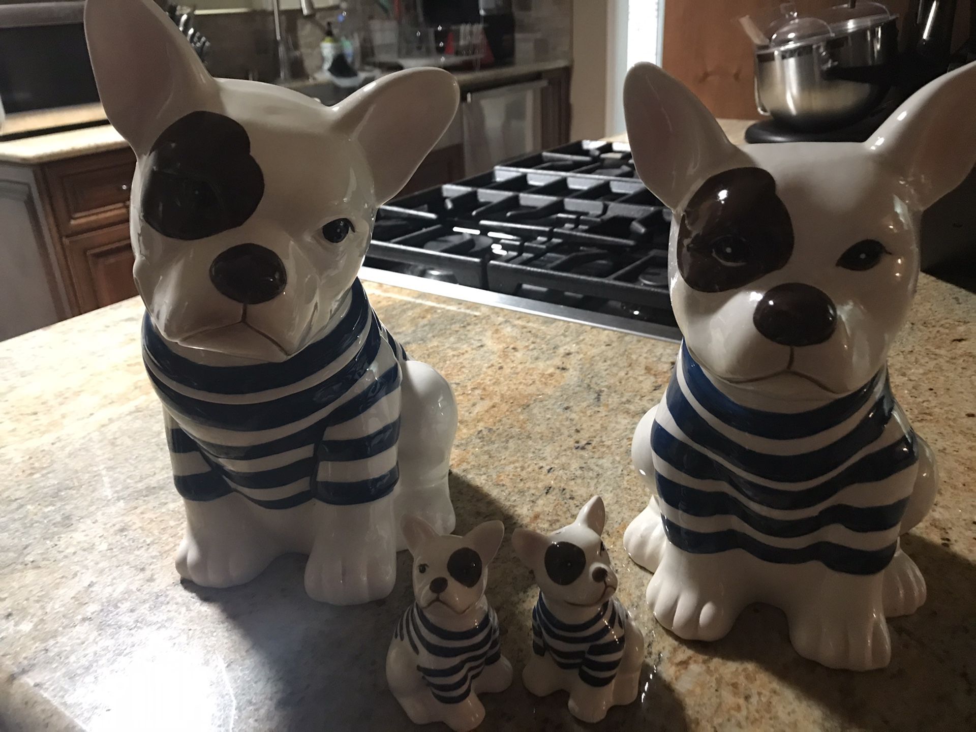 French Bulldog cookie jar, salt/pepper shaker and utensils holder.