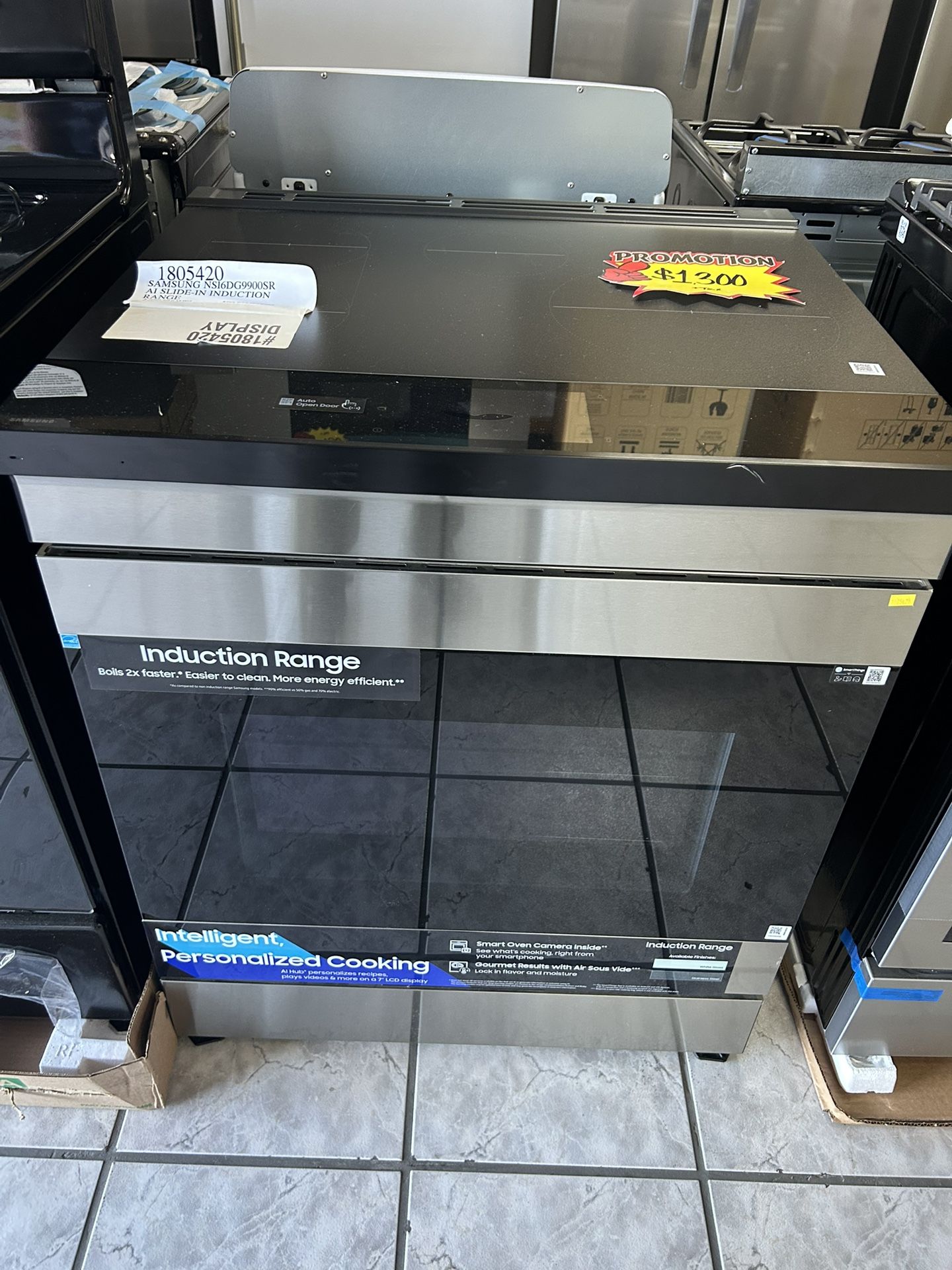 SAMSUNG SLIDE IN INDUCTION ELECTRIC RANGE!!! Auto Open Door!!! Air Fryer!!! Stainless Steel BRAND NEW OPEN BOX!!!!