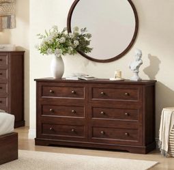 55" Wide Farmhouse 6 Drawer Dresser for Bedroom, Brown Large Drawers Modern Chest of Drawers, for Living Room, Hallway