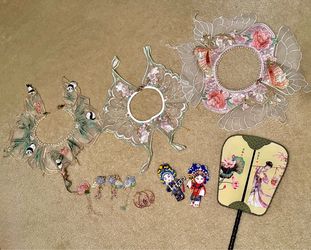 Traditional Chinese Accessory Bundle - Embroidered Collars, Hair Clips, magnets, and Hand Fan