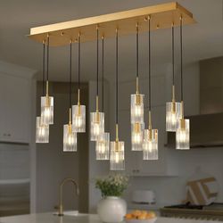 12-Light Modern Crystal Chandelier Linear Raindrop Pendant Light Brass