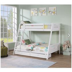 Twin/Full Bunk Bed with Underbed Drawers - White Color