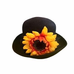 Vintage Black Wide Brim Hat w/ Sunflower Detail – Elegant Statement Piece