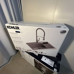 New Kohler Pro-Function Kitchen Sink Kit - With Vibrant Stainless Faucet. Never unpacked. Sealed box