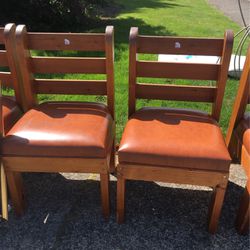 4 Matching Vintage Real Wood And Leather Chairs 
