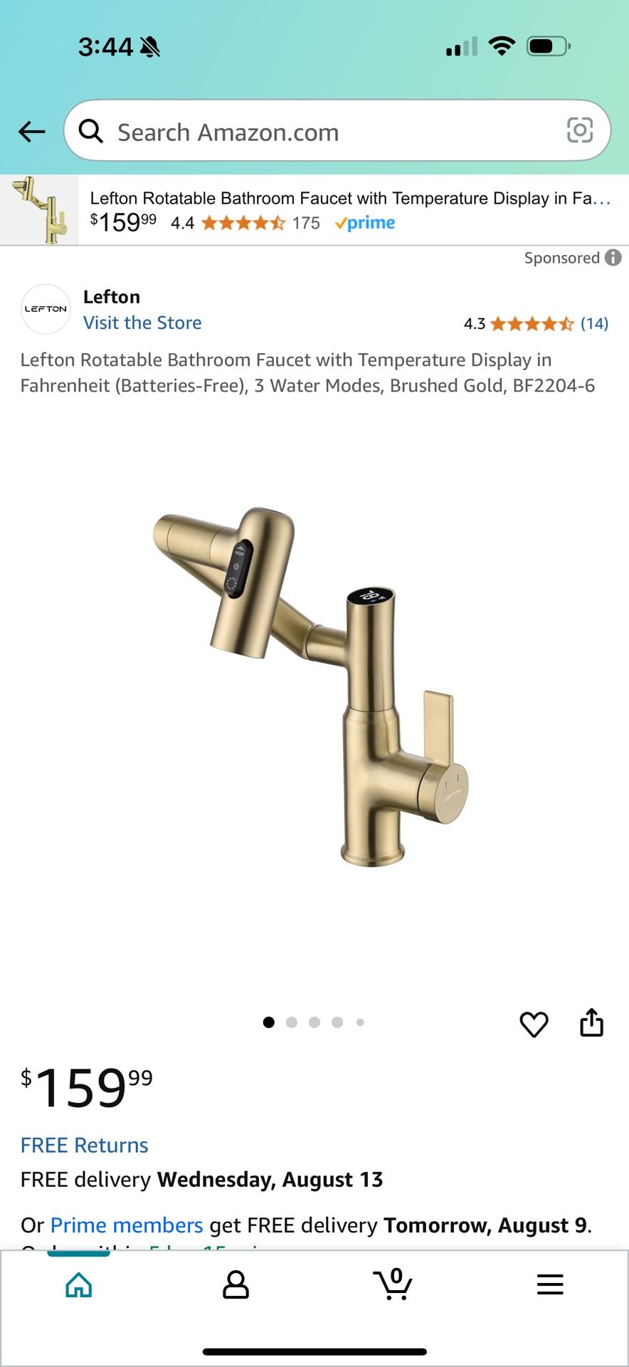 Lefton Rotatable Bathroom Faucet with Temperature Display in Fahrenheit (Batteries-Free), 3 Water Modes, Brushed Gold, BF2204-6