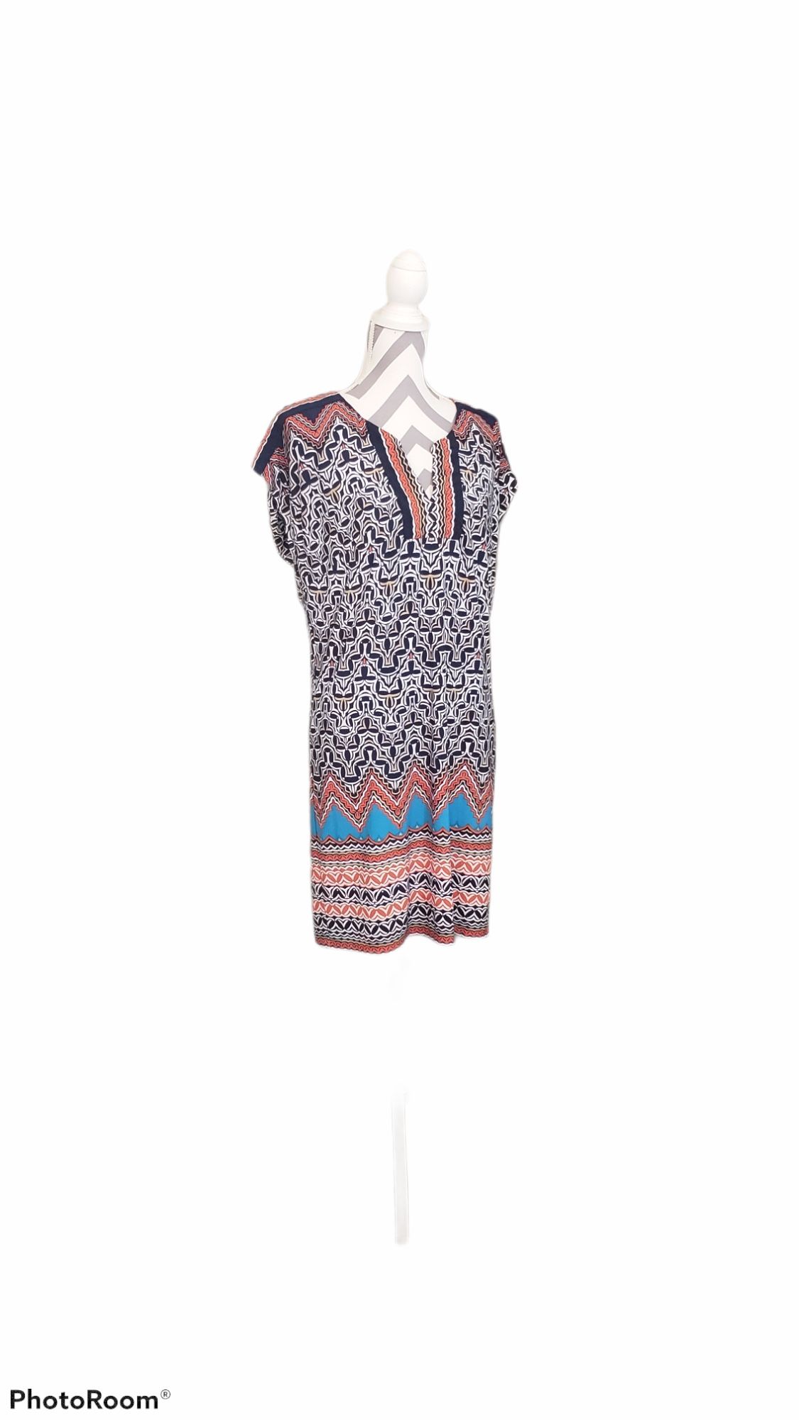 Laundry Shelli Segal Small Orange Navy Blue White Tan Geometric Mini Shift Dress Cruise Vacation 