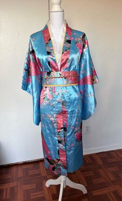 Women’s blue & pink floral peacock print Japanese kimono size S/M