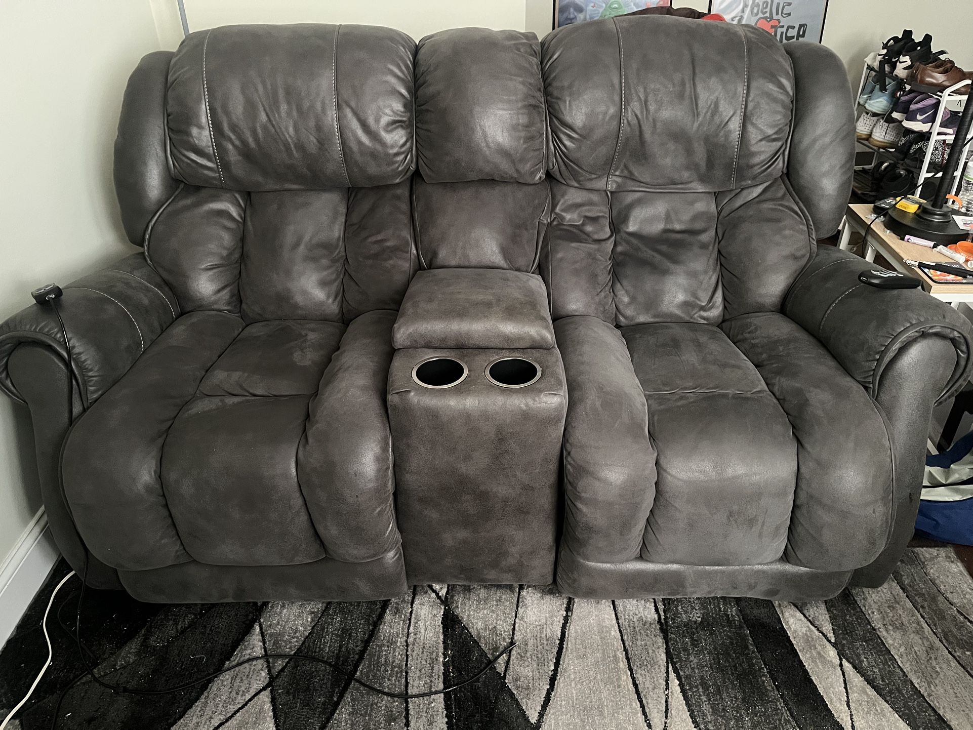 Power Reclining Console Sofa w/ Head & Lumbar Support