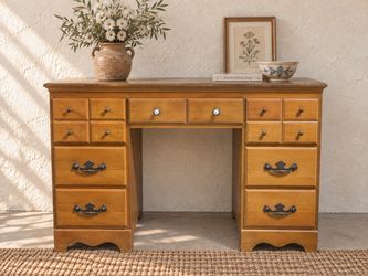 Vintage Honey Wood Pedestal Desk • Multi-Drawer Writing Desk