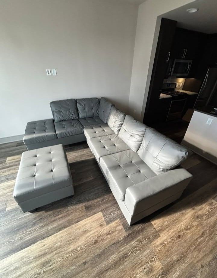 Brand new leather Gray sectional sofa W Cup holder