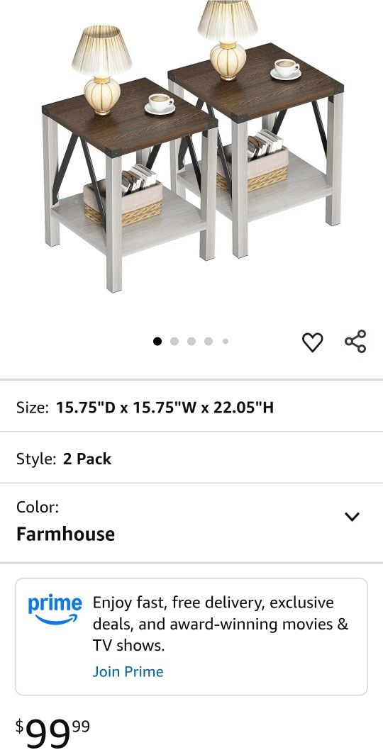 Treocho Farmhouse End Table Set of 2, Rustic Vintage Nightstand Side Table with Shelf for Living Room, Antique White & Brown