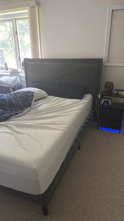 Gray Upholstered Queen Bed Frame with Headboard and mattress