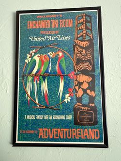 Disneyland United Air Lines Enchanted Tiki Room poster, aqua and orange tones