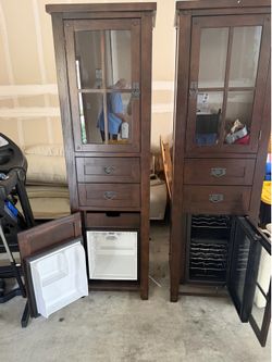 Pair of Dark Wood Bar and China Cabinets — Wine Cooler, Mini Fridge, Granite Pull-Out Slabs, Glass Doors.