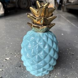Gift Decorative 9" Ceramic Aqua Pineapple Showpiece Decor Beautifully Sculpted with Realistic Detail, Aqua Gloss with Gold Metallic Crown for