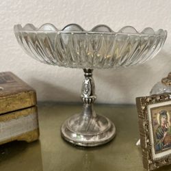 Vintage Glass & Silver  Pedestal Dish 