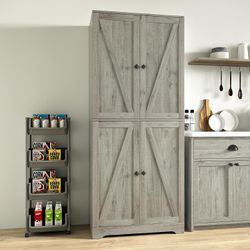 Kitchen Pantry Cabinet, 72” Tall Farmhouse Storage Cabinet with 4 Barn Doors and Adjustable Shelves, Pantry Storage for Kitchen, Living Room, Grey