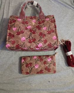 Cherry Print Handbag and Wallet Set