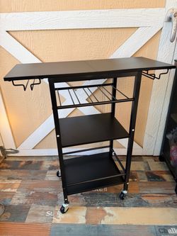 Bar Cart 4 Tier, Home Serving Cart, Black Mobile Drink Beverage Cart, Rolling Kitchen Shelf with Wine and Glass Holders, for Living Room