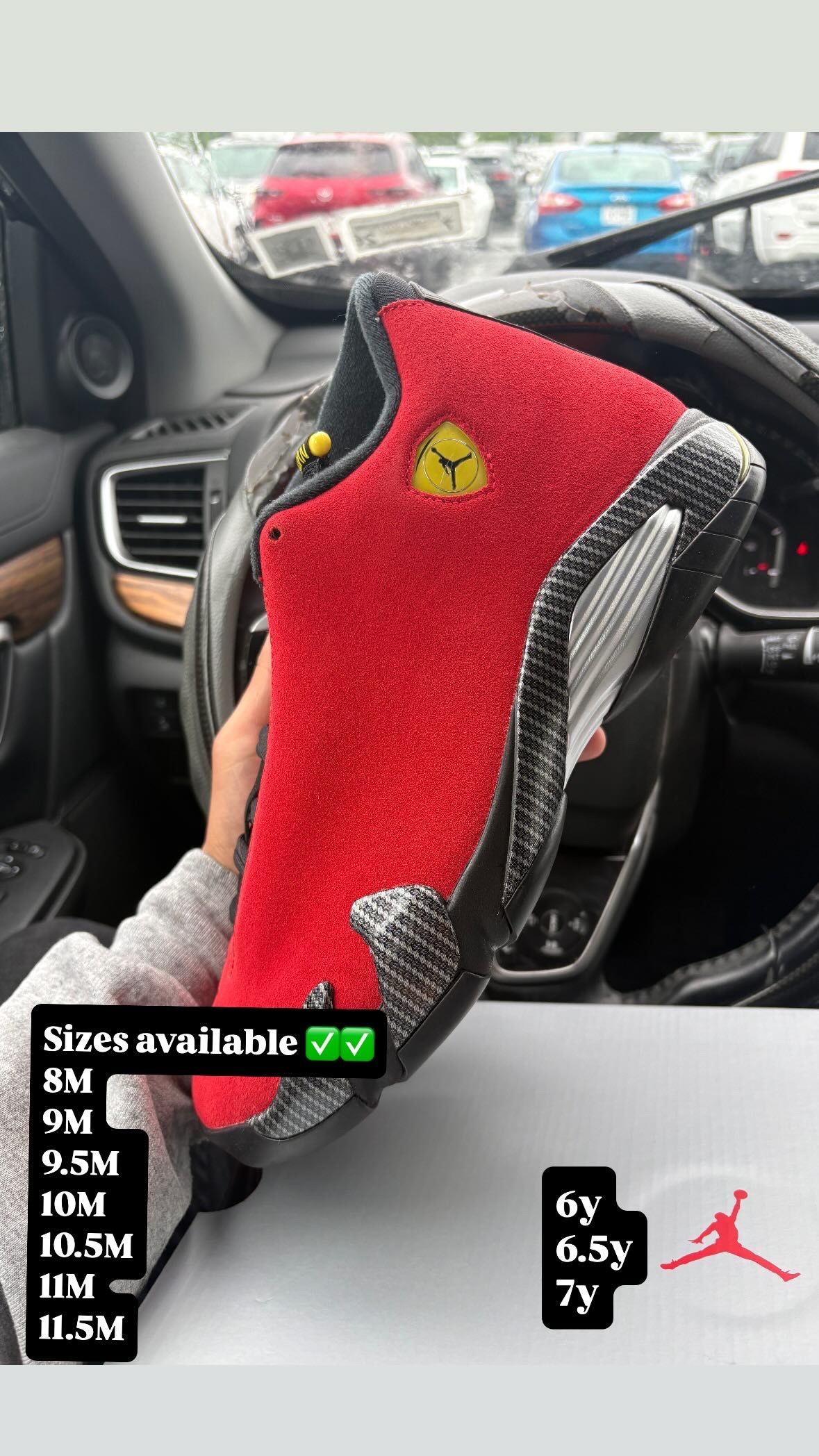 Air Jordan 14 Ferrari 2025 Sizes 7y, 10.5M, 11M, & 12M