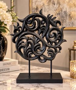 Black Baroque Scroll Decorative Sculpture on Stand