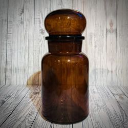 Vintage Amber Glass Canister w/ Bubble Top Lid Apothecary Large Storage 