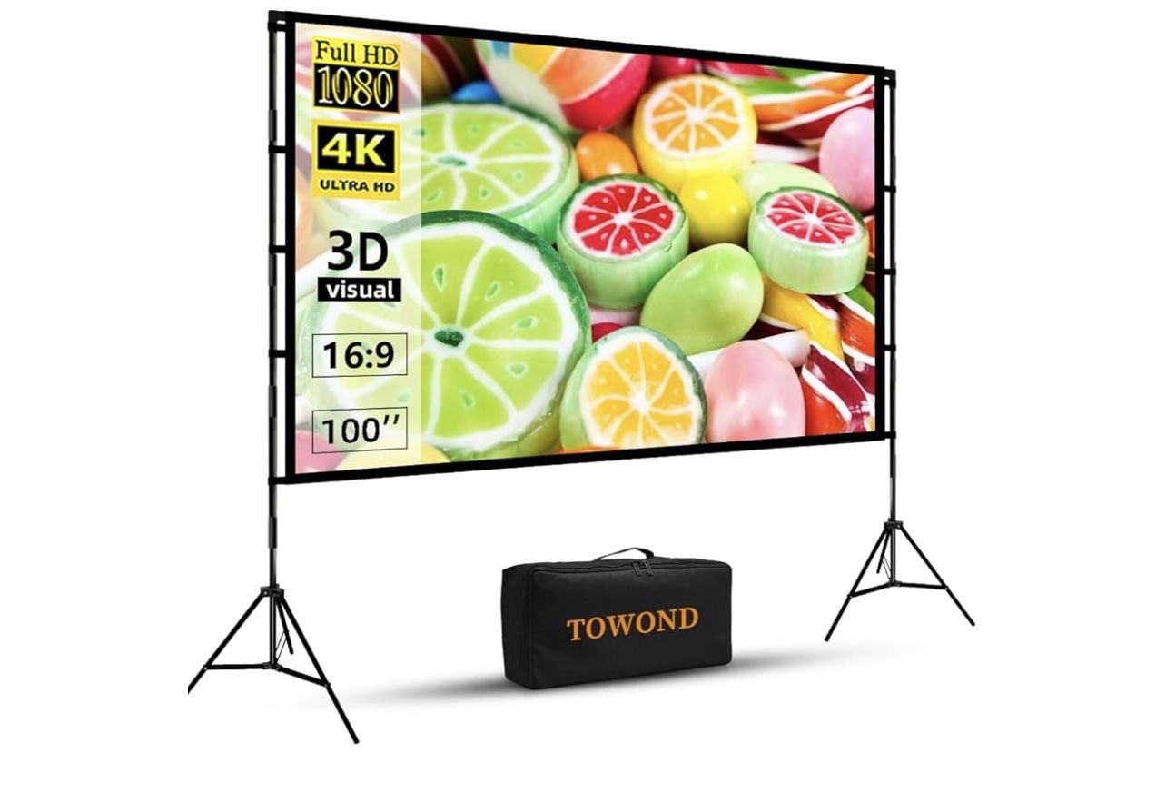 Projector Screen with Stand, 100 inch Outdoor Projector Screen Portable Indoor Projection Screen 16:9 4K Rear Front Movie Screen with Carry Bag for Ho