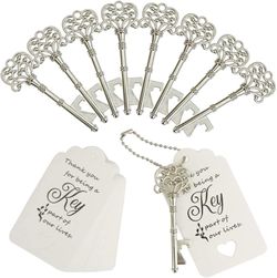 WODEGIFT 100 PCS Wedding Favors Bottle Opener,Wedding Gifts For Guest Vintage Skeleton Key Opener,Key Openers With Escort Tag Cards And Chains (Silver