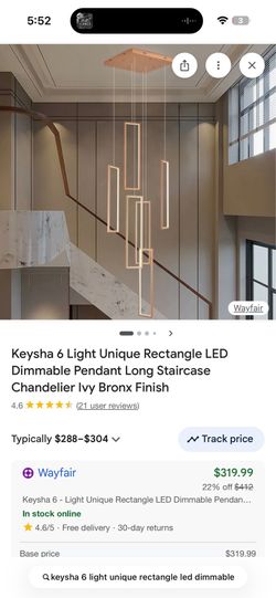 New Open Box 6-Light Rectangle LED Staircase Chandelier