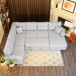 118" 5-Seat Fabric U-Shaped Left Facing Sectional Sleeper Sofa Upholstery with Storage Chaise and Pull Out Sleeper
