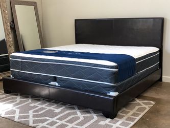 BRAND NEW BLACK KING SIZE LEATHER BED FRAME WITH NEW 12 INCH PILLOWTOP MATTRESS/FAST DELIVERY