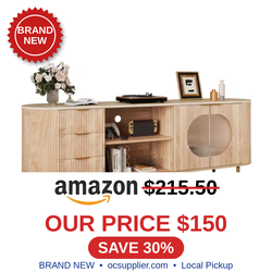 Modern Fluted TV Stand for Up to 80 Inch TV, Faux Marble Top, Golden Accents, Natural Oak