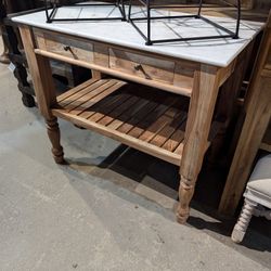 Natural Acacia And Marble Top Kitchen Island 