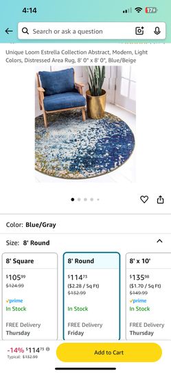 Brand New Unique Loom 8’ Round Area Rug – Blue/Beige – Still in Plastic!