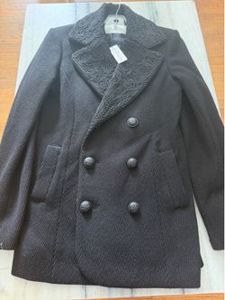 Julien David Women’s Black Pea Coat M/L Mid-Length Peruvian Wool Button