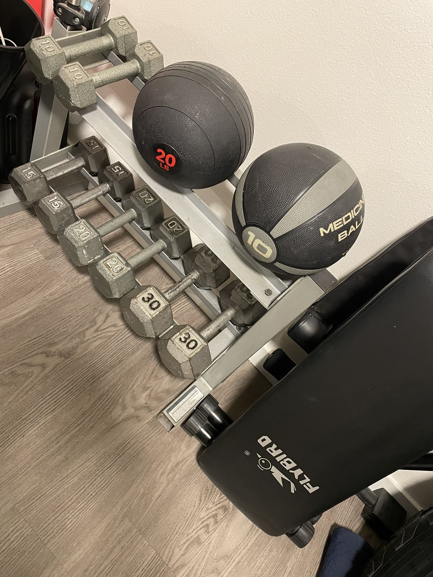 Dumbbell Set W/ Rack, Balls & Bench