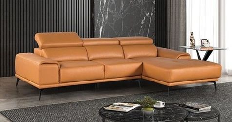 Genuine Leather Contemporary Sectional - Tangerine Color