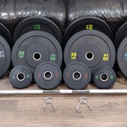 OLYMPIC BARBELL BAR 7ft. 45lb.
 AND  
OLYMPIC BUMPER WEIGHT 
PLATES. 