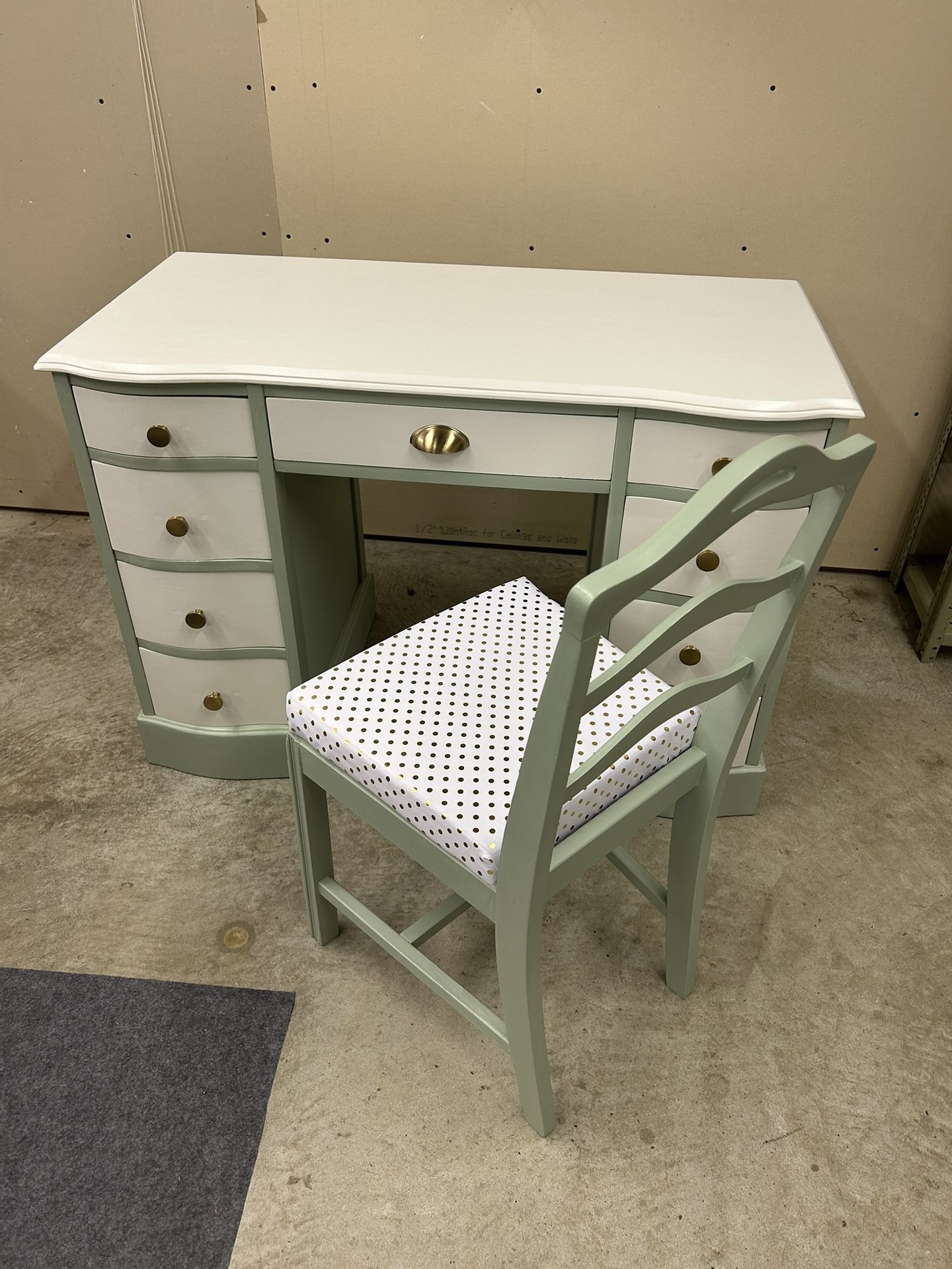 Vintage Desk & Chair - Refinished in White and Grayish Green