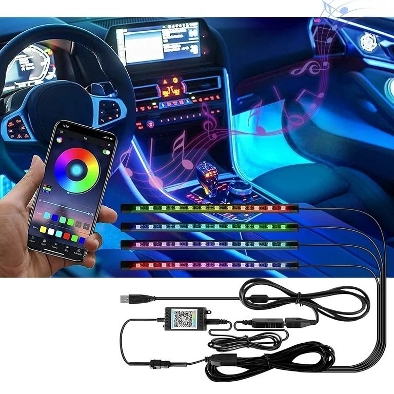 Interior Car LED Lights | RGB Ambient Lighting Kit | 4-Piece 48 LED | Music Sync + App Control