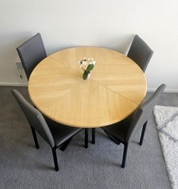 Circular Wooden Table + 4 Grey Chairs