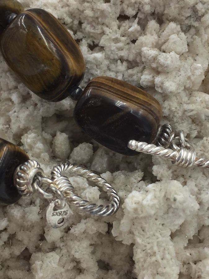 925 STER Silver Tiger’s Eye Chunky Beaded Bracelet 7.5”