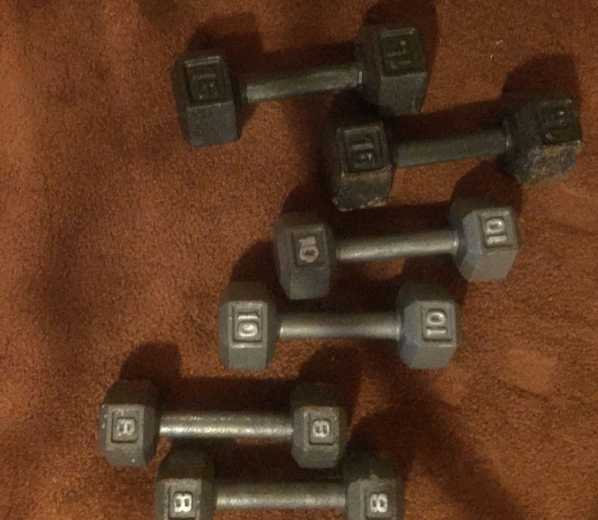 Cast-iron hex dumbbells three sets 66 pounds total