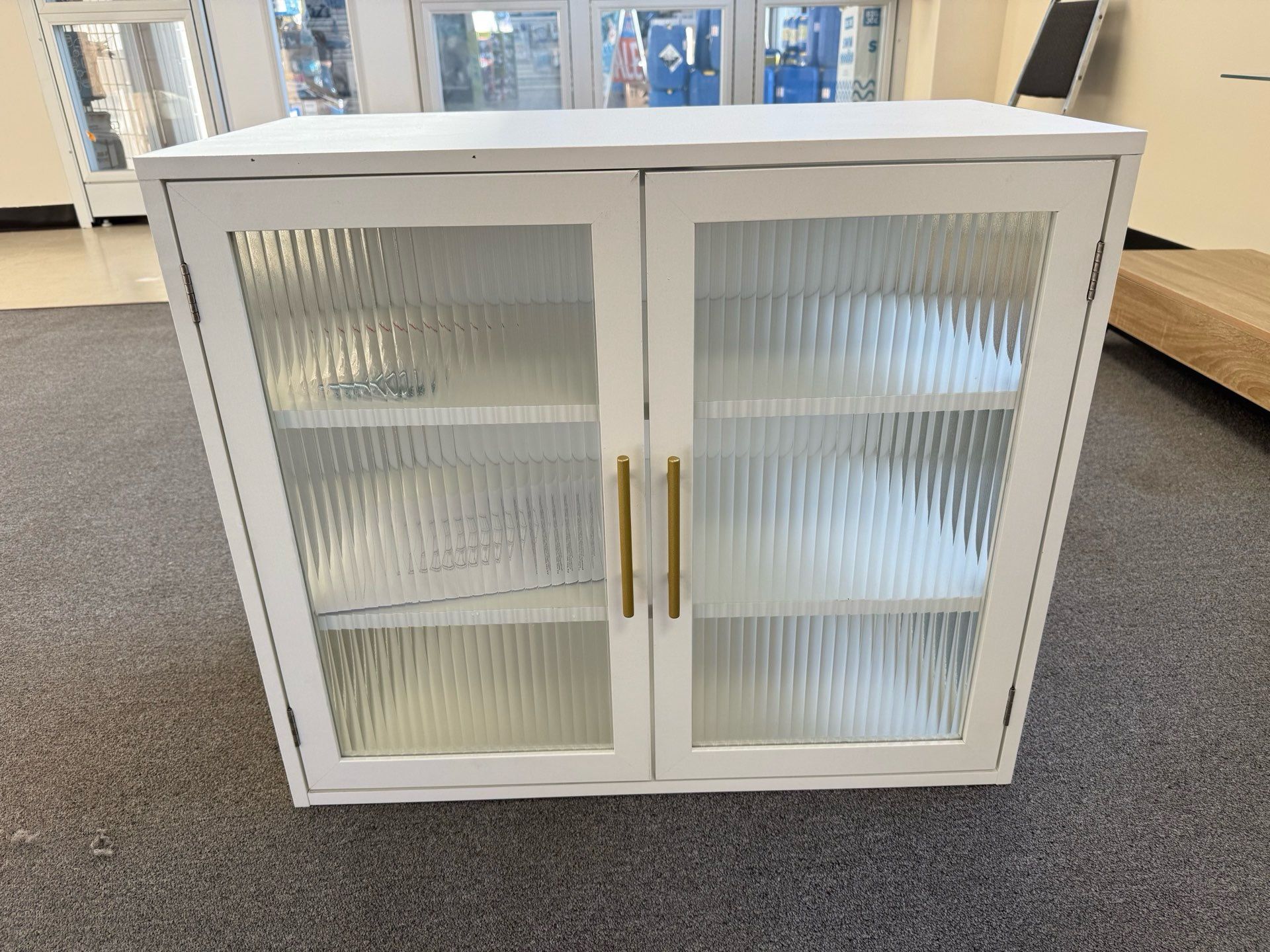 Wood White Wall cabinet with glasses. Magnetic door cabinet with two shelf. $90 brand new