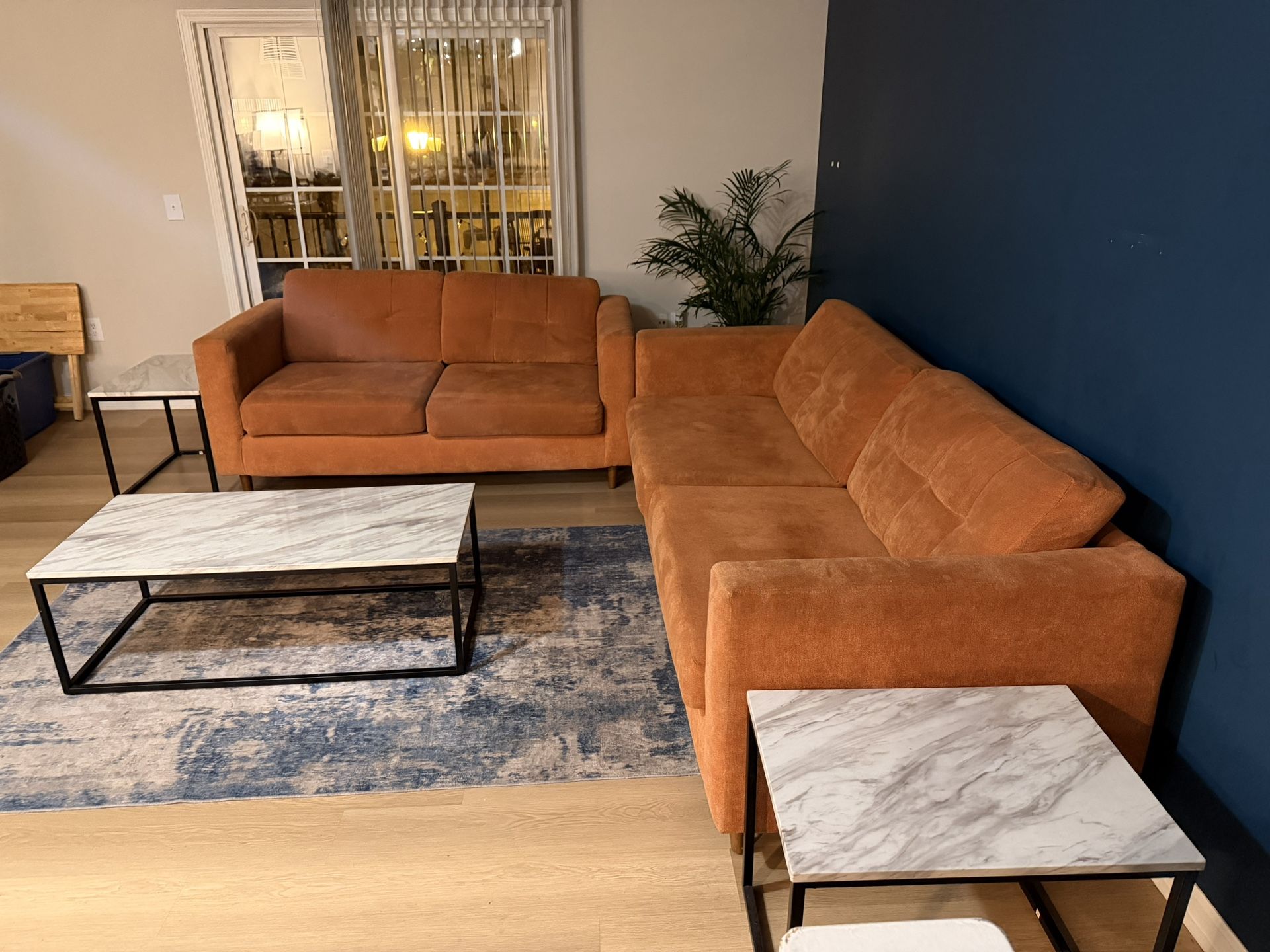 Living Room Set *Burnt Orange Couches* Marble Finish Coffee/End Tables