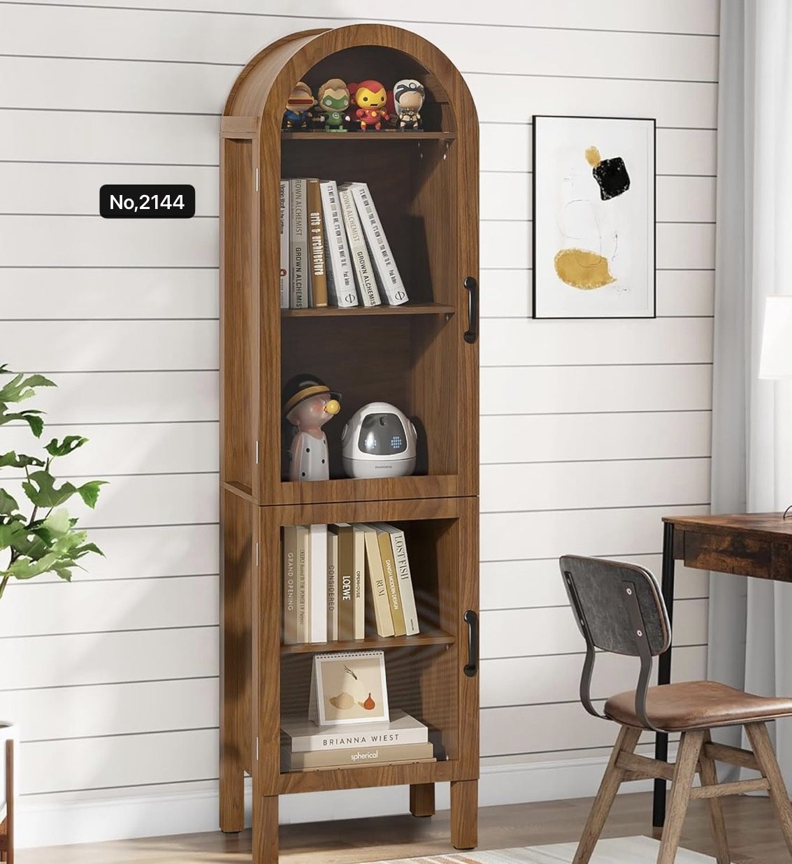 Narrow Arched Bookcase, 64'' Tall Arch Bookshelf with Acrylic Glass Doors, 5 Shelf Bookcase, Freestanding Storage Organizer Display Cabinet for Living
