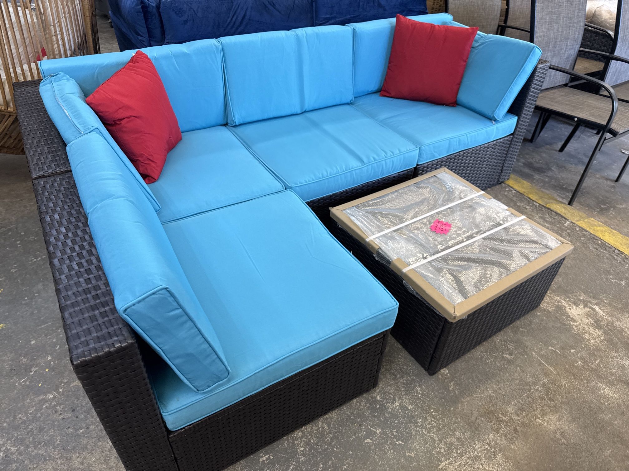 Outdoor patio sectional wood table and cushions, new fully assembled