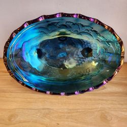 Vintage Glass Fruit Bowl Irredescent Carnival Blue Centerpiece