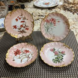 Four Antique Decorative Plates , MR Limoges, Hand Painted, Wide Gold Trim, Flower Pattern.